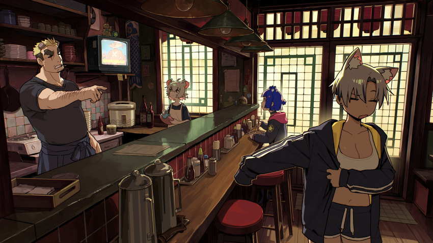 1boy 3girls animal_ears blue_hair breasts cat_ears cleavage gris_(vertigris) highres kara_(vertigris) mouse_ears multiple_girls original perl_(vertigris) restaurant scenery sportswear talking television vertigris white_hair