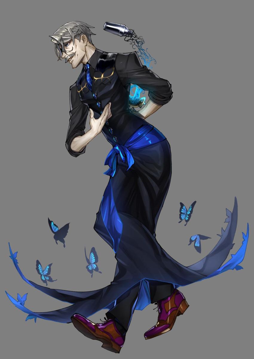 1boy arm_behind_back black_pants black_vest blue_butterfly brown_shoes bug butterfly cocktail_shaker facial_hair fate/grand_order fate_(series) full_body grey_background grey_hair highres insect james_moriarty_(archer)_(fate) james_moriarty_(gray_collar)_(fate) male_focus multicolored_shoes mustache pants purple_shoes shoes short_hair solo standing suzuki_rui two-tone_shoes vest