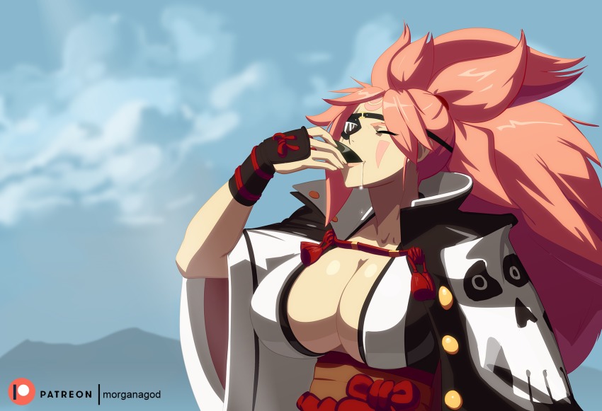 1girl alcohol amputee baiken breasts cleavage closed_eyes cup drinking eyepatch female_focus guilty_gear guilty_gear_xrd highres huge_breasts japanese_clothes kimono long_hair morganagod no_bra official_style one-eyed open_clothes open_kimono pink_hair ponytail sakazuki sake scar scar_across_eye scar_on_face solo