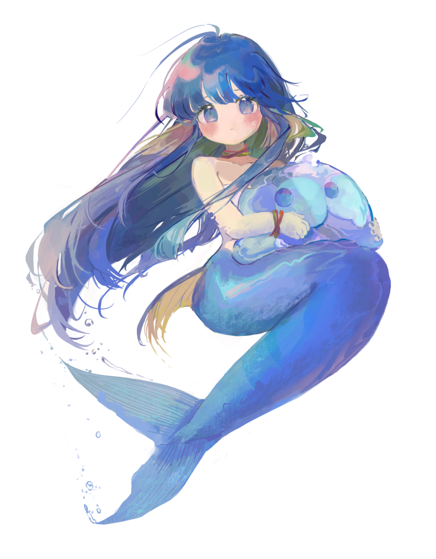1girl absurdres bandeau blob blue_eyes blue_hair blush closed_mouth commentary_request fins full_body head_fins highres kneeless_mermaid long_hair madou_monogatari mermaid mimim3kn monster_girl puyo_(puyopuyo) puyopuyo serilly_(puyopuyo) solo very_long_hair white_bandeau