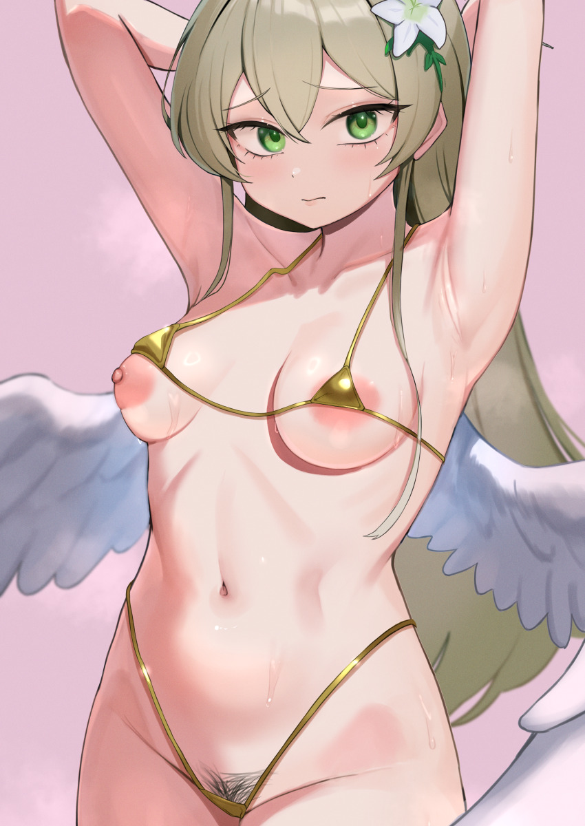 1girl absurdres armpits arms_behind_head bikini blue_archive breasts brown_hair closed_mouth commentary_request female_pubic_hair flower gold_bikini green_eyes hair_flower hair_ornament highres long_hair looking_at_viewer medium_breasts micro_bikini nagisa_(blue_archive) navel nipples pink_background pubic_hair rottenpizza simple_background solo swimsuit white_flower white_wings wings