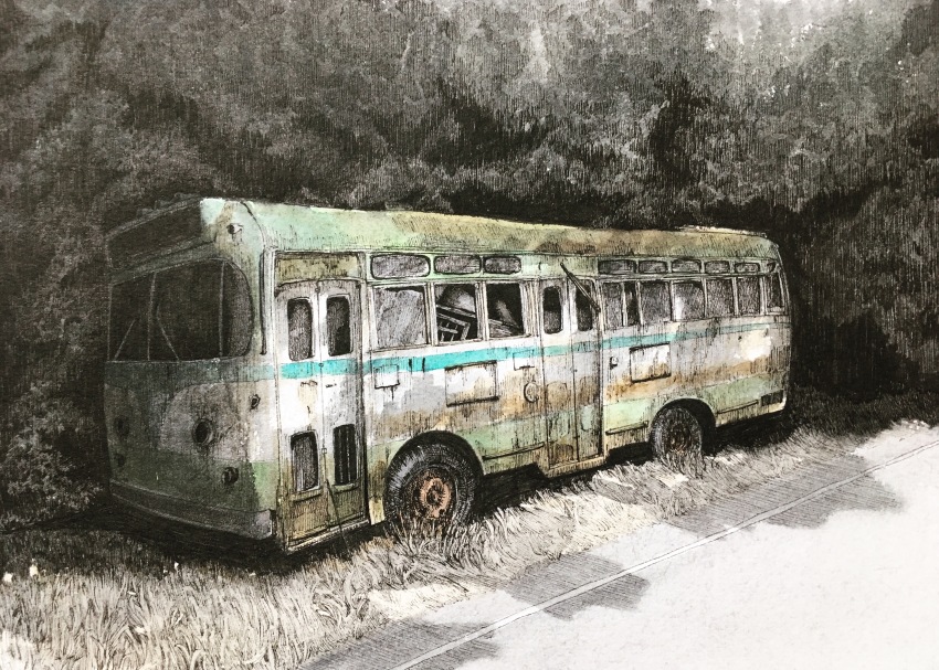 abandoned absurdres broken_glass broken_window bus bush glass grass highres ibsukionsen motor_vehicle no_humans original painting_(medium) plant road scenery traditional_media vehicle_focus window