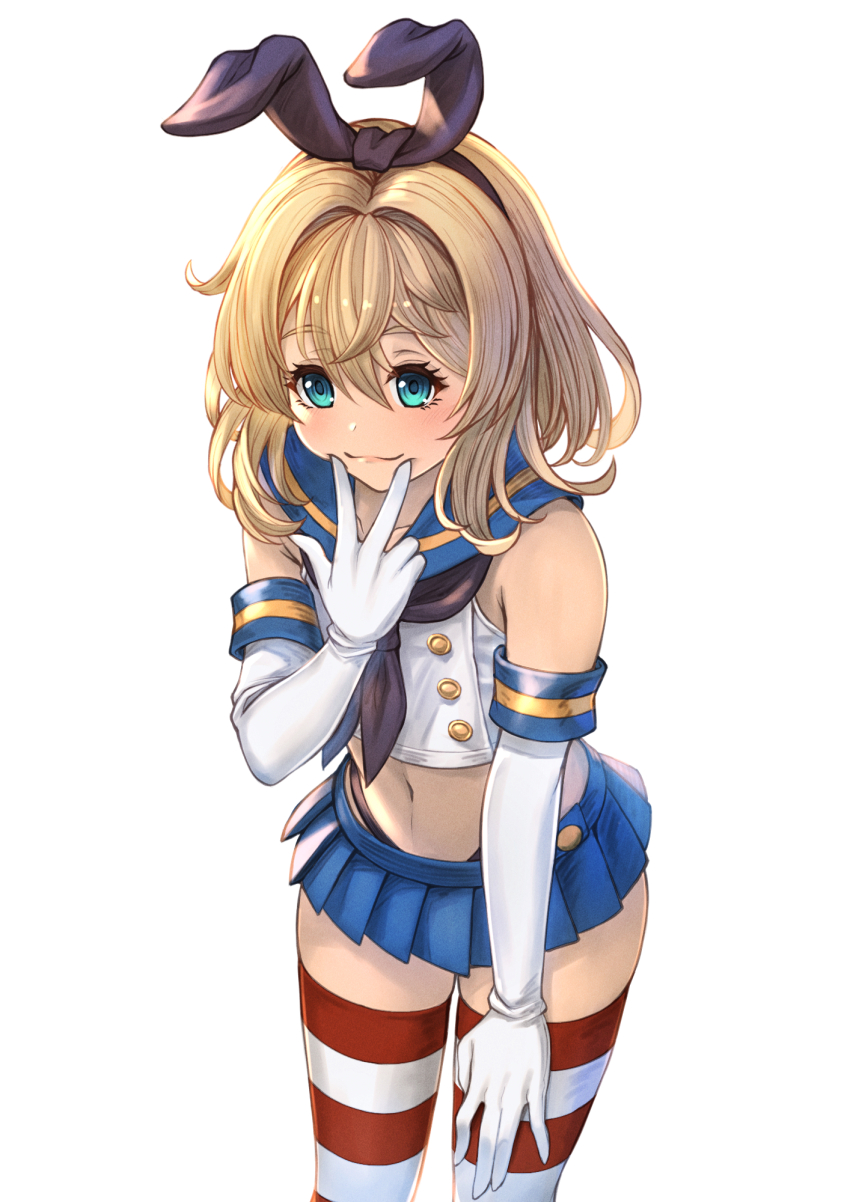1boy aqua_eyes black_hairband black_neckerchief black_panties blonde_hair blue_sailor_collar blue_skirt bridget_(guilty_gear) cosplay crop_top crossdressing crossdressing_(mtf) elbow_gloves gloves guilty_gear guilty_gear_strive hair_between_eyes hairband highleg highleg_panties highres horizontal-striped_thighhighs kantai_collection leaning_forward male_focus medium_hair microskirt neckerchief panties pleated_skirt sailor_collar shimakaze-kun shimakaze_(kancolle) shimakaze_(kancolle)_(cosplay) skirt smile solo striped_clothes striped_thighhighs thighhighs thong trap underwear white_gloves yakkuro