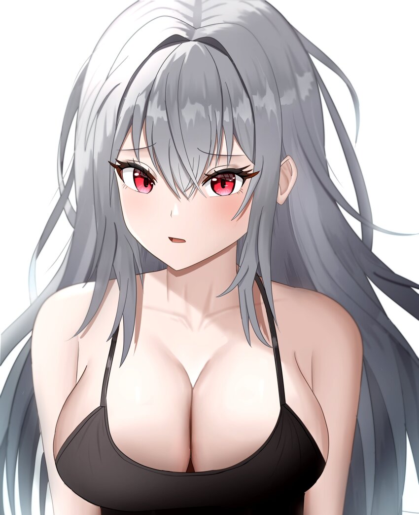 1girl absurdres blush breasts cleavage highres large_breasts long_hair looking_at_viewer open_mouth original red_eyes solo upper_body white_background yissou_art