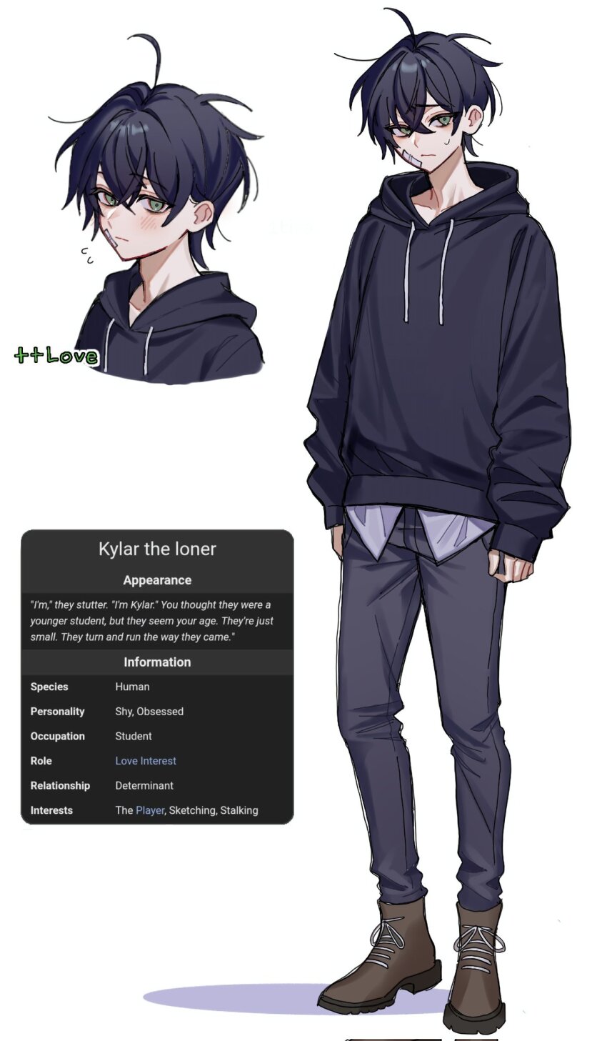 1boy bandaid bandaid_on_cheek bandaid_on_face black_hair black_hoodie boots brown_boots degrees_of_lewdity english_text green_eyes grey_pants highres hood hoodie kylar_(degrees_of_lewdity) kylar_(male)_(degrees_of_lewdity) looking_at_viewer multiple_views pants short_hair yoijc