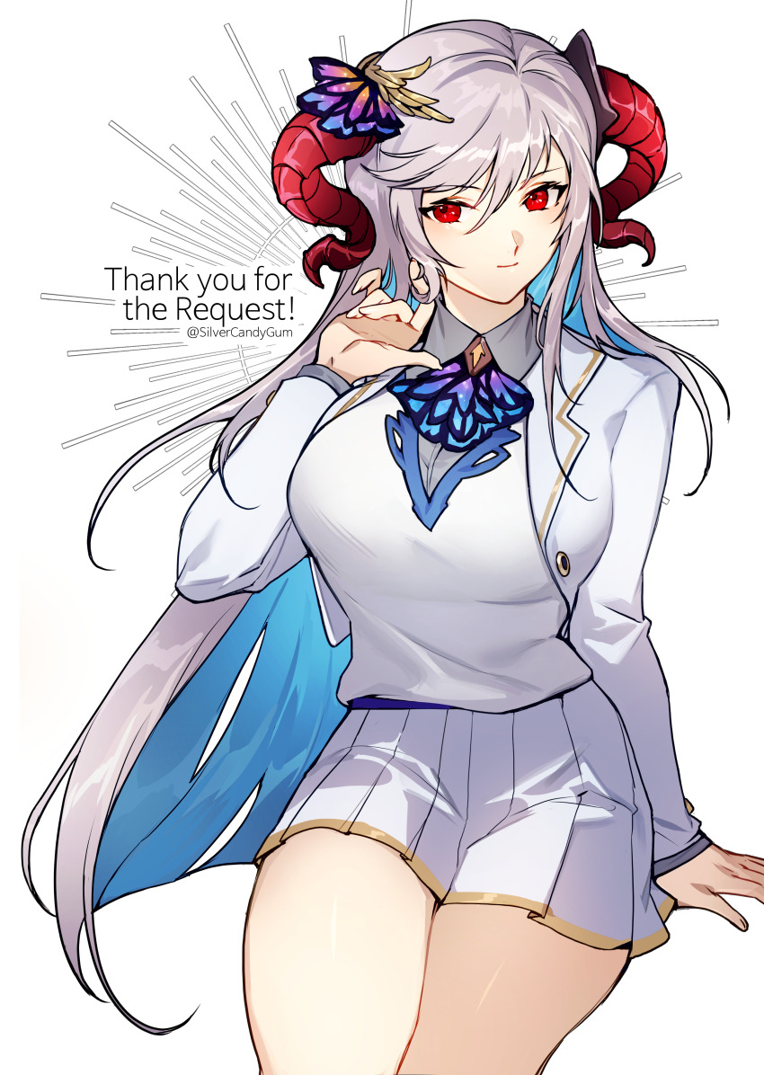 1girl absurdres alternate_costume blue_hair breasts closed_mouth colored_inner_hair commentary commission contemporary curled_horns english_commentary english_text fire_emblem fire_emblem_heroes freyja_(fire_emblem) goat_horns grey_hair highres horns invisible_chair jacket large_breasts long_hair long_sleeves miniskirt multicolored_hair nintendo open_clothes open_jacket pixiv_commission pleated_skirt red_eyes red_horns school_uniform silvercandy_gum simple_background sitting skirt solo thighs twitter_username two-tone_hair very_long_hair white_background white_jacket white_skirt