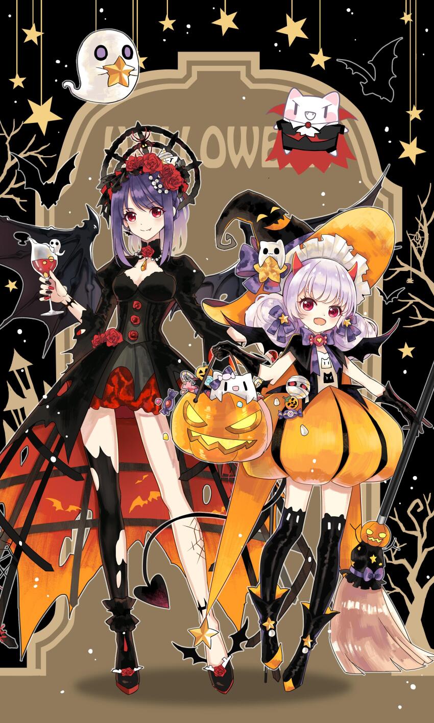 2girls :d absurdres animal_ear_legwear ankle_boots ankle_garter anklet bare_tree bat_earrings bat_wings bcy black_background black_cape black_dress black_footwear black_gloves black_headwear black_shirt black_thighhighs boots bow bracelet braid breasts broom candy candy_cane cape cat_ear_legwear cat_hat_ornament cleavage cleavage_cutout clothing_cutout crinoline cup demon_horns demon_tail dress drinking_glass earrings fang fang_out flat_chest flower flower_ring food footwear_flower french_braid ghost gloves hair_bow hair_bun hair_flower hair_ornament halloween hand_up hat hat_bow high-low_skirt high_collar high_heels highres holding holding_broom holding_cup holding_food holding_pumpkin holding_vegetable horns huhu jack-o&#039;-lantern jewelry juliet_sleeves long_dress long_sleeves looking_at_viewer medium_breasts medium_hair miao_jiujiu miniskirt multiple_girls neck_flower necklace open_mouth pearl_necklace pointy_footwear ponytail puffy_sleeves pumpkin pumpkin_skirt purple_bow purple_hair red_eyes red_flower red_nails red_rose rose ruan_miemie shirt silk single_hair_bun single_thighhigh skirt sleeveless sleeveless_shirt smile spider_web spider_web_tattoo standing star_(symbol) star_ornament tail tattoo thighhighs tombstone torn_clothes torn_dress torn_sleeves torn_thighhighs torn_wings tree vegetable white_hair wide_sleeves wine_glass winged_footwear wings witch_hat xialuo_yingling