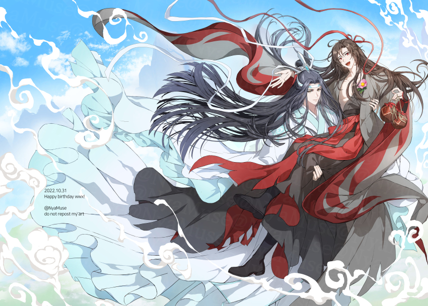 2boys :d absurdres artist_name bishounen black_footwear black_hair blue_sky boots brown_eyes brown_hair carrying chinese_clothes closed_mouth cloud collarbone commentary dated day floating_hair flower grey_robe hair_between_eyes hair_bun hair_ornament hair_ribbon hand_up hanfu headband highres holding jar lan_wangji long_hair long_sleeves looking_at_viewer male_focus modao_zushi mountain multiple_boys muse_(rainforest) open_clothes open_mouth open_robe outdoors parted_bangs pectorals pink_flower princess_carry red_eyes red_ribbon red_sash ribbon robe sash sidelocks single_hair_bun sky smile smoke teeth twitter_username upper_teeth_only very_long_hair watermark wei_wuxian wei_wuxian_(yiling_laozu) white_headband white_ribbon white_robe wide_sleeves xiao_guan_(headdress)