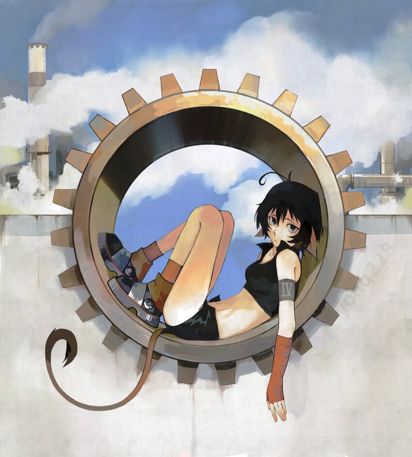 1girl absurdres ahoge animal_ears armband black_eyes black_hair black_shorts blue_sky brown_socks crop_top ears_down fingerless_gloves from_side gloves highres industrial_pipe looking_at_viewer navel original roman_numeral shoes short_hair short_shorts shorts sky sleeveless smokestack socks solo steam tail watermark yonq98