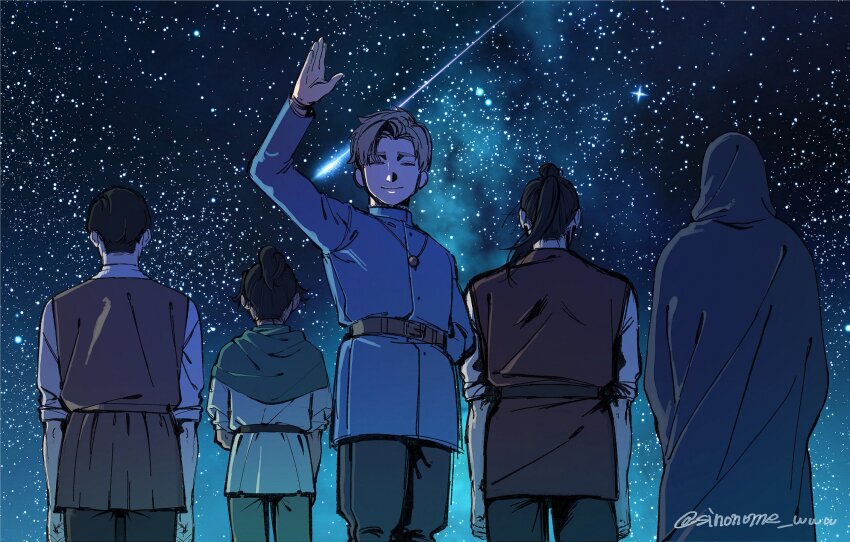 1girl 4boys albert_brudzewski_(chi.) astrolabe black_hair black_pants blonde_hair blue_jacket brown_vest capelet chi.:_chikyuu_no_undou_ni_tsuite closed_eyes closed_mouth collared_shirt comet cowboy_shot draka_(chi.) facing_away facing_viewer green_capelet hair_bun highres hood hood_up hooded_robe hubert_(chi.) jacket long_hair milky_way multiple_boys night night_sky oczy outdoors pants ponytail rafal_(chi.) robe shirt short_hair sinonome_www sky sleeves_rolled_up smile star_(sky) starry_sky swept_bangs twitter_username vest waving white_shirt