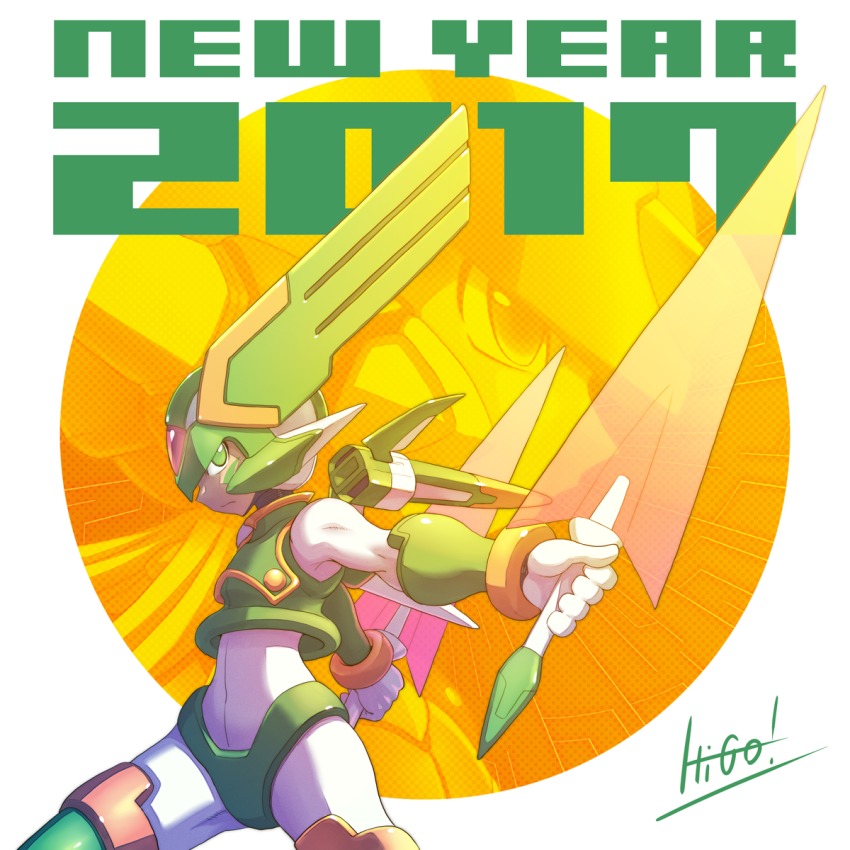 2boys bodysuit dual_wielding english_text go! helmet hi-go! highres holding holding_weapon mega_man_(series) mega_man_zero_(series) multiple_boys sage_harpuia_(mega_man) signature sword weapon zero(z)_(mega_man) zero_(mega_man)