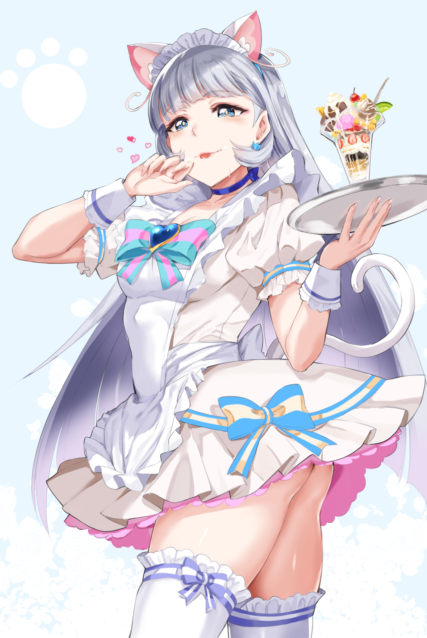1girl :p adapted_costume alternate_costume animal_ears apron ass blue_background blue_choker blue_eyes bow bowtie breasts cat_ears cat_tail cherry choker colored_stripes cowboy_shot crown_earrings cure_nyammy earrings enmaided floral_background food food_on_face frilled_thighhighs frills fruit gem grey_hair heart highres kamishiro_ryuu long_hair maid maid_apron maid_headdress nekoyashiki_yuki parfait paw_print precure puffy_short_sleeves puffy_sleeves saliva saliva_trail short_sleeves solo strawberry striped_bow striped_bowtie striped_clothes tail tasting thigh_bow thighhighs thighs tongue tongue_out upskirt wonderful_precure! wrist_cuffs