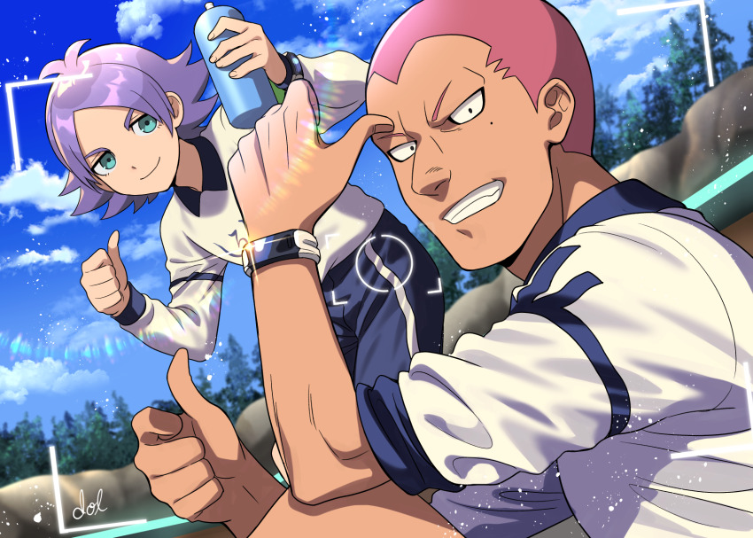 2boys aqua_eyes blue_shorts bottle bracelet buzz_cut closed_mouth dark-skinned_male dark_skin dolustoy fubuki_shirou hakuren highres holding holding_bottle inazuma_eleven_(series) inazuma_eleven_ares_no_tenbin jewelry looking_at_viewer male_focus mole mole_under_eye multiple_boys pink_hair purple_hair shirt short_hair shorts soccer_uniform someoka_ryuugo sportswear tree very_short_hair viewfinder white_shirt