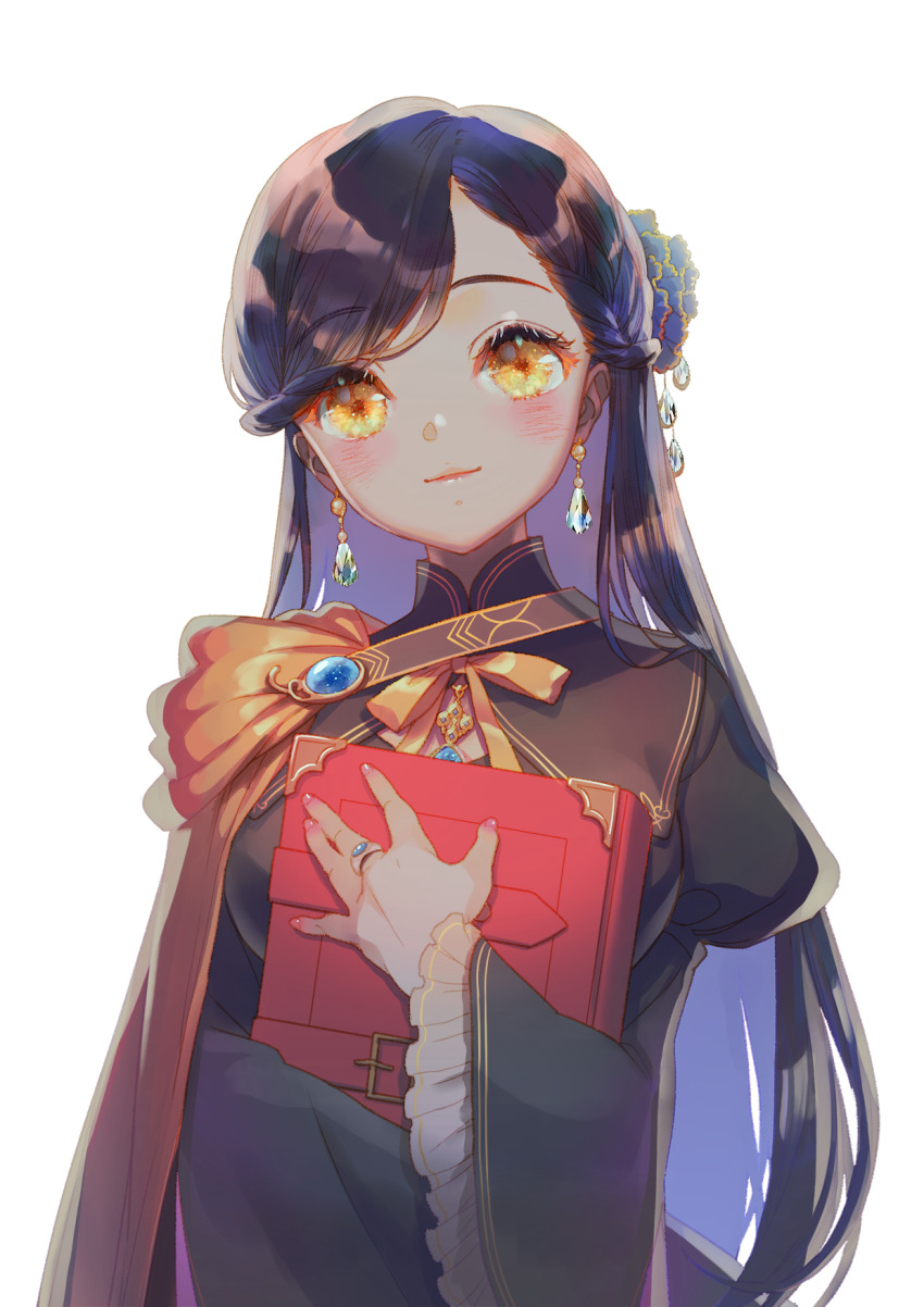 1girl black_dress blue_hair blush book braid breasts brooch cape closed_mouth dress earrings eyelashes flower frilled_sleeves frills gem hair_flower hair_ornament half_updo highres holding holding_book honzuki_no_gekokujou hugging_object jewelry juliet_sleeves lipstick long_hair long_sleeves looking_at_viewer myne_(honzuki_no_gekokujou) makeup medium_breasts nail_polish neck_ribbon pendant pink_nails puffy_sleeves ribbon ring side_cape simple_background smile solo sparkle swept_bangs upper_body white_background wide_sleeves yellow_cape yellow_eyes yukino_neko