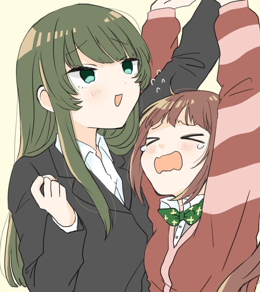 &gt;_&lt; 2girls :d arm_up arms_up black_jacket blunt_bangs blush bow bowtie breasts brown_eyes brown_hair cardigan collar collared_shirt dot_nose dress_shirt flying_sweatdrops formal_clothes green_bow green_bowtie green_eyes green_hair grey_shirt hair_over_shoulder hair_tie highres htnmanpp idolmaster idolmaster_million_live! idolmaster_million_live!_theater_days jacket lone_nape_hair long_hair long_sleeves matsuda_arisa multiple_girls open_mouth parted_bangs producer_(idolmaster) red_cardigan shirt sidelocks simple_background small_breasts smile striped_cardigan suit sweat tearing_up twintails upper_body very_long_hair wavy_mouth white_collar white_shirt yellow_background yuri