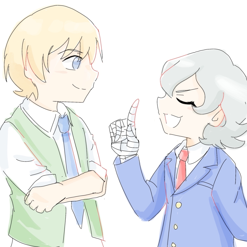 bandaged_arm bandages blonde_hair blue_eyes closed_eyes cottoncollie digimon digimon_ghost_game digimon_savers higashimitarai_kiyoshiro highres jacket looking_at_another necktie open_mouth simple_background thoma_h._norstein white_background