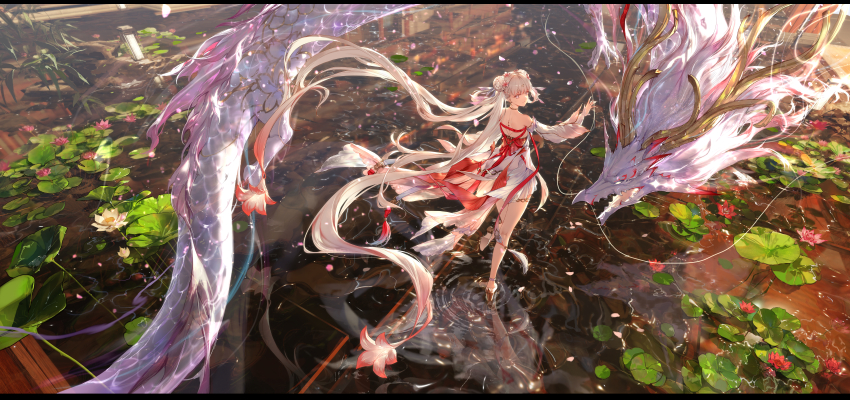 1girl absurdres back bare_legs bare_shoulders closed_mouth commentary detached_sleeves dragon dress eastern_dragon floating_hair flower from_behind hair_flower hair_ornament hand_up high_heels highres jinhsi_(peach_blossom)_(wuthering_waves) jinhsi_(wuthering_waves) jue_(wuthering_waves) legs long_hair long_sleeves looking_at_viewer official_alternate_costume pink_flower reflection reflective_water smile swd3e2 tacet_mark_(wuthering_waves) very_long_hair white_dress white_eyes white_hair white_sleeves wuthering_waves
