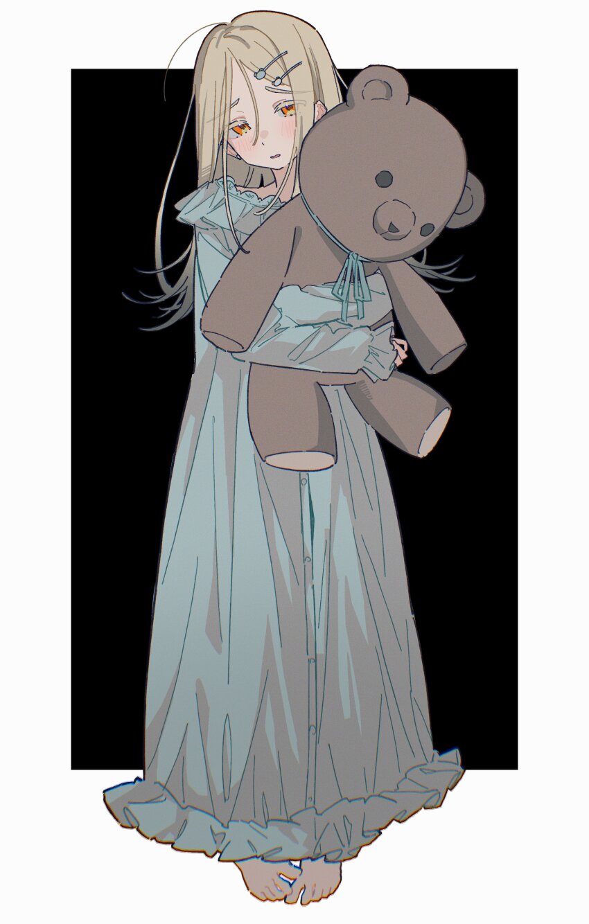 1girl absurdres barefoot blonde_hair blue_nightgown flipped_hair frown full_body full_burrrrrrst gakuen_idolmaster hair_ornament hairclip highres holding holding_stuffed_toy idolmaster large_teddy_bear long_eyelashes long_hair nightgown orange_eyes parted_bangs shinosawa_hiro solo standing stuffed_animal stuffed_toy teddy_bear