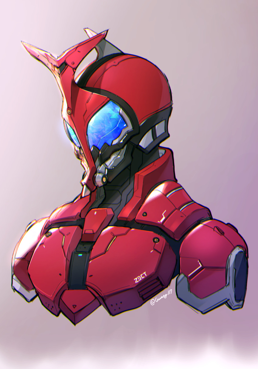 1boy absurdres armor blue_eyes cawang compound_eyes helmet highres horns kamen_rider kamen_rider_kabuto kamen_rider_kabuto_(series) male_focus portrait red_armor single_horn solo twitter_username