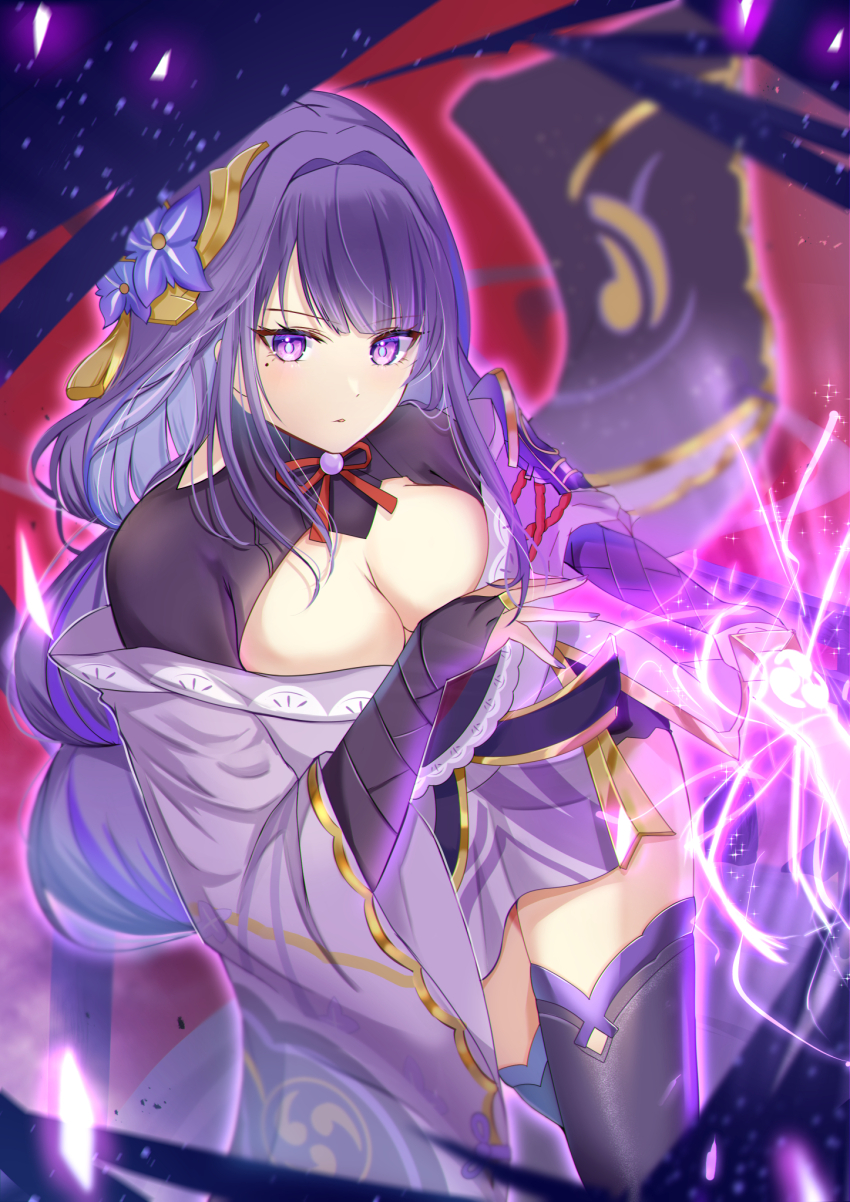 1girl armor black_thighhighs blue_pupils blurry blurry_background braid breasts bridal_gauntlets cleavage clothing_cutout cocoa_11vv commentary_request electricity flower flower_ornament genshin_impact glowing glowing_sword glowing_weapon gradient_hair hair_flower hair_intakes hair_ornament highres holding holding_sword holding_weapon japanese_clothes katana kimono large_breasts long_braid long_hair looking_at_viewer looking_to_the_side mitsudomoe_(shape) mole mole_under_eye multicolored_eyes multicolored_hair musou_isshin_(genshin_impact) neck_ribbon off_shoulder panties parted_lips purple_eyes purple_flower purple_hair purple_kimono purple_nails raiden_shogun red_ribbon red_sash ribbon sash shade shoulder_armor shoulder_cutout single_braid slashing solo streaked_hair sword thighhighs thighs tomoe_(symbol) underwear weapon