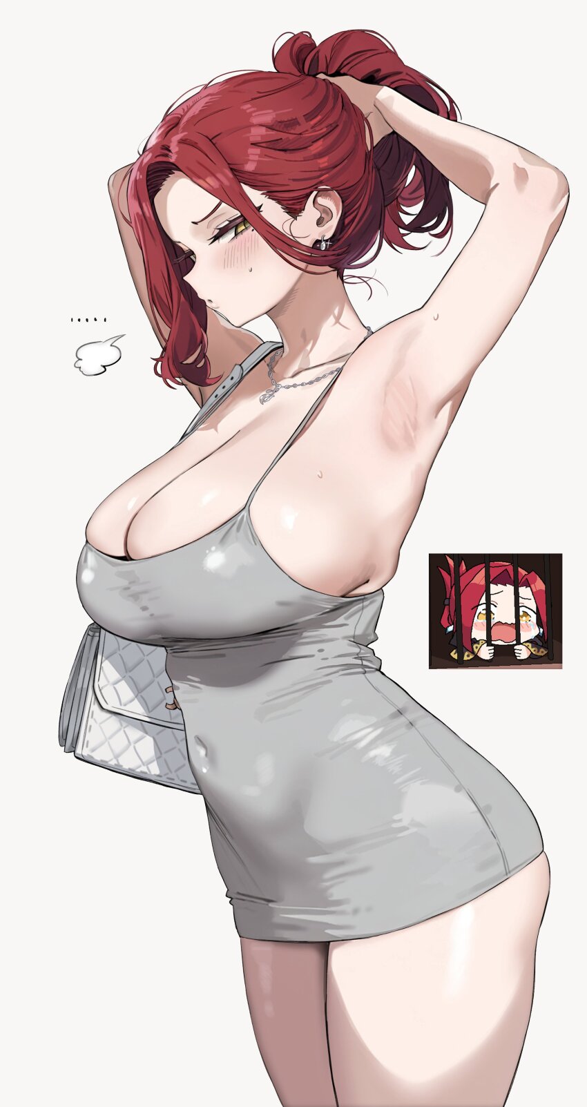 ... 1girl absurdres adjusting_hair arm_up armpits bag black_survival blush breasts cleavage collarbone commentary_request copyright_request covered_navel dress earrings eternal_return:_black_survival freng from_side grey_dress heavy_breathing highres jewelry korean_commentary large_breasts long_hair looking_at_viewer mole mole_under_eye necklace ponytail presenting_armpit red_hair short_dress shoulder_bag simple_background skindentation solo sweat tazia_(black_survival) thighs white_background white_bag yellow_eyes