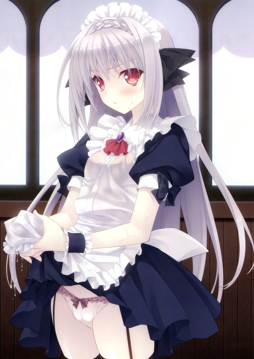 1girl :&lt; absurdres apron black_thighhighs bow bow_panties braid breasts covered_erect_nipples cowboy_shot crown_braid frilled_panties frills garter_straps grey_hair highres lifting_own_clothes lowleg lowleg_panties maid maid_apron maid_headdress nipples no_bra otome_riron_to_sono_shuuhen:_ecole_de_paris panties red_eyes sakurakouji_luna see-through_clothes small_breasts standing suzuhira_hiro thighhighs underwear white_panties wringing_clothes