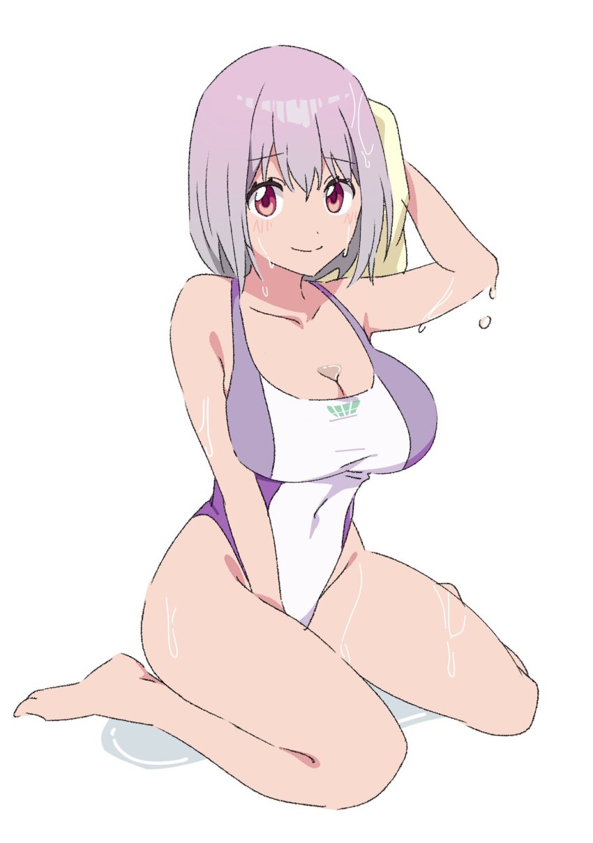09_xyz 1girl arm_between_legs barefoot breasts cleavage closed_mouth collarbone covered_navel drying drying_hair full_body gridman_universe highres holding holding_towel large_breasts looking_at_viewer one-piece_swimsuit pink_eyes pink_hair purple_one-piece_swimsuit shinjou_akane short_hair simple_background sitting smile solo ssss.gridman swimsuit towel two-tone_one-piece_swimsuit wariza wet white_background white_one-piece_swimsuit
