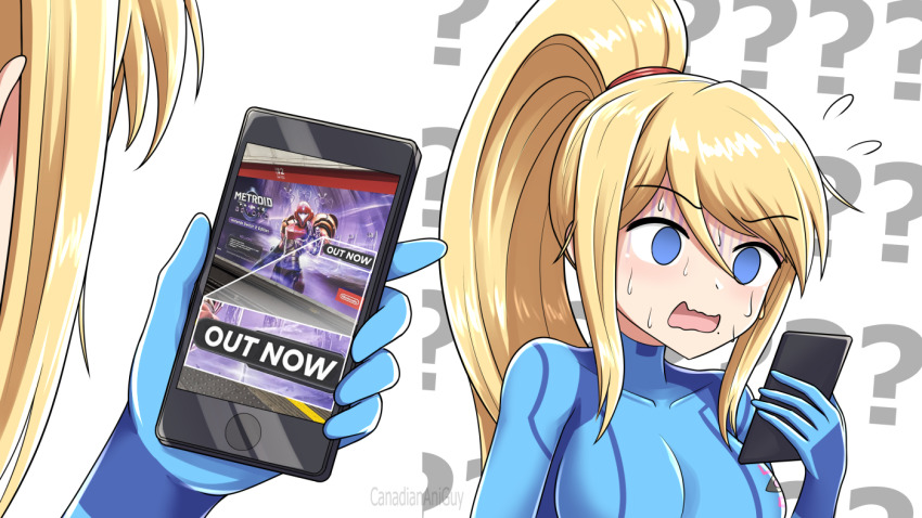 1girl ? blonde_hair blue_bodysuit blue_eyes bodysuit breasts canadiananiguy cellphone commentary empty_eyes english_commentary hair_between_eyes high_ponytail holding holding_phone large_breasts metroid metroid_prime_4:_beyond multiple_views nintendo open_mouth phone photo_inset ponytail samus_aran smartphone sweat zero_suit