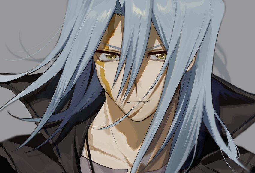 1boy black_coat coat facial_mark grey_background grey_hair highres kiryu_kyosuke long_hair male_focus simple_background solo upper_body yellow_eyes ynyanqx yu-gi-oh! yu-gi-oh!_5d&#039;s