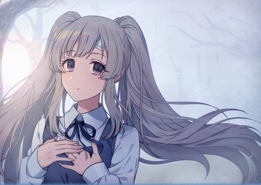 1girl bandaid bandaid_on_face bandaid_on_forehead blush closed_mouth commentary dress female_focus fog grey_hair hands_on_own_chest idolmaster idolmaster_shiny_colors long_hair long_sleeves looking_at_viewer outdoors pinafore_dress purple_eyes sleeveless sleeveless_dress smile solo tree twintails upper_body yukoku_kiriko yuura