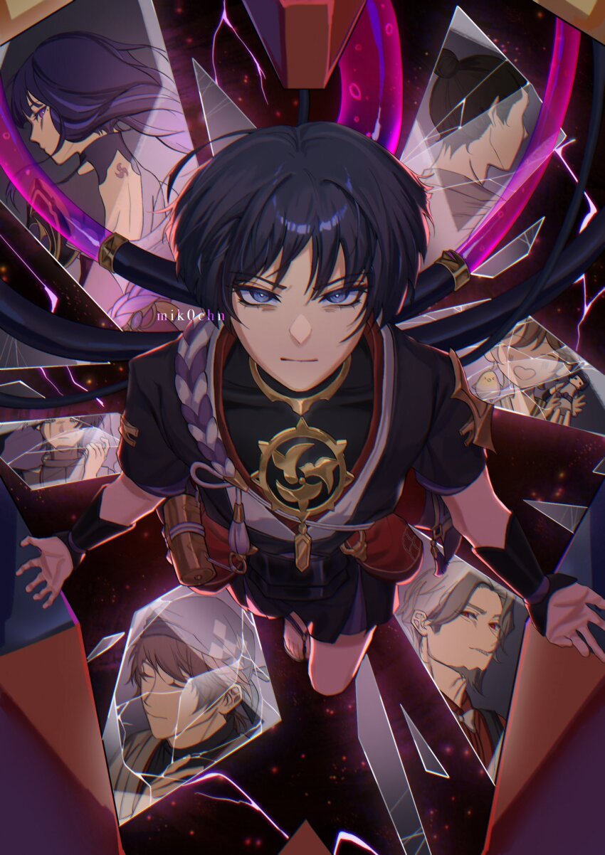 1girl 6+boys black_hair black_shirt escher_(genshin_impact) from_above genshin_impact grey_hair highres japanese_clothes jewelry katsuragi_(genshin_impact) looking_at_viewer male_focus mik0chn multiple_boys necklace niwa_(genshin_impact) purple_eyes purple_hair raiden_shogun red_eyes scaramouche&#039;s_sickly_friend_(genshin_impact) scaramouche_(genshin_impact) scaramouche_(kabukimono)_(genshin_impact) shirt short_hair