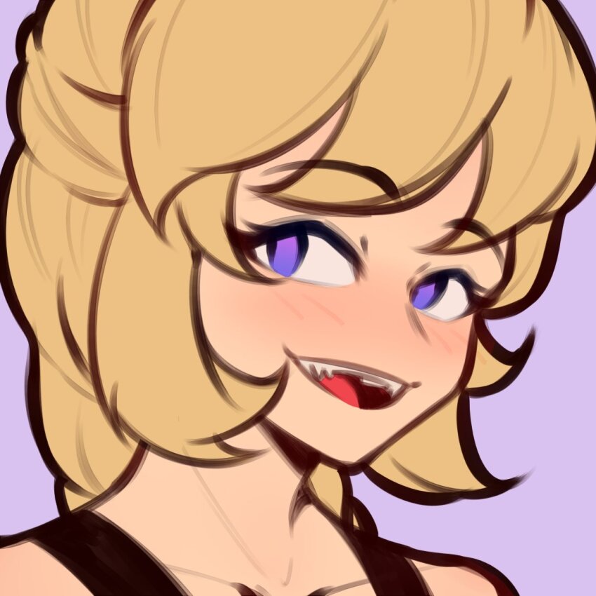 1girl bare_shoulders blonde_hair blush close-up collarbone commentary english_commentary fujimna long_hair looking_at_viewer nelly_(xyronii) open_mouth original portrait purple_background purple_eyes simple_background smile solo teeth upper_teeth_only