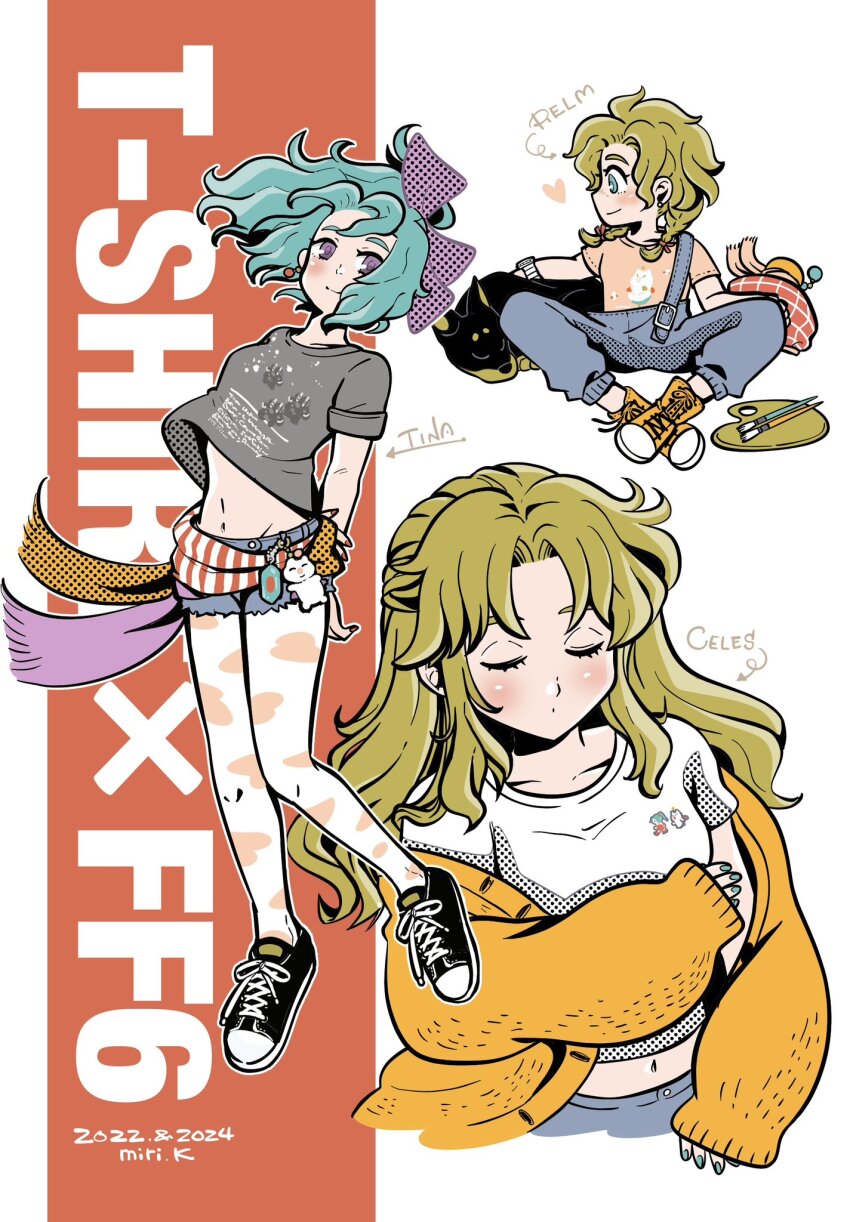 3girls alternate_costume arms_behind_back artist_name black_footwear blonde_hair breasts cardigan cardigan_partially_removed casual celes_chere character_name charm_(object) closed_eyes dated denim denim_overalls denim_shorts dobermann dog final_fantasy final_fantasy_vi full_body green_hair grey_shirt hair_ribbon half_updo hat highres indian_style interceptor_(ff6) medium_breasts midriff miri_(mirik) moogle multiple_girls navel orange_cardigan orange_shoes pantyhose parted_bangs pink_shirt ponytail print_pantyhose print_shirt purple_ribbon relm_arrowny ribbon sash shirt shoes shorts sitting smile sneakers t-shirt tina_branford unworn_hat unworn_headwear upper_body waist_sash white_shirt