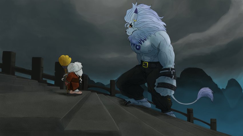 2boys absurdres belt derivative_work digimon disneymonredraw_(meme) highres jijimon kung_fu_panda lion looking_at_another meme multiple_boys muscular muscular_male no_humans panjyamon screenshot_redraw tail
