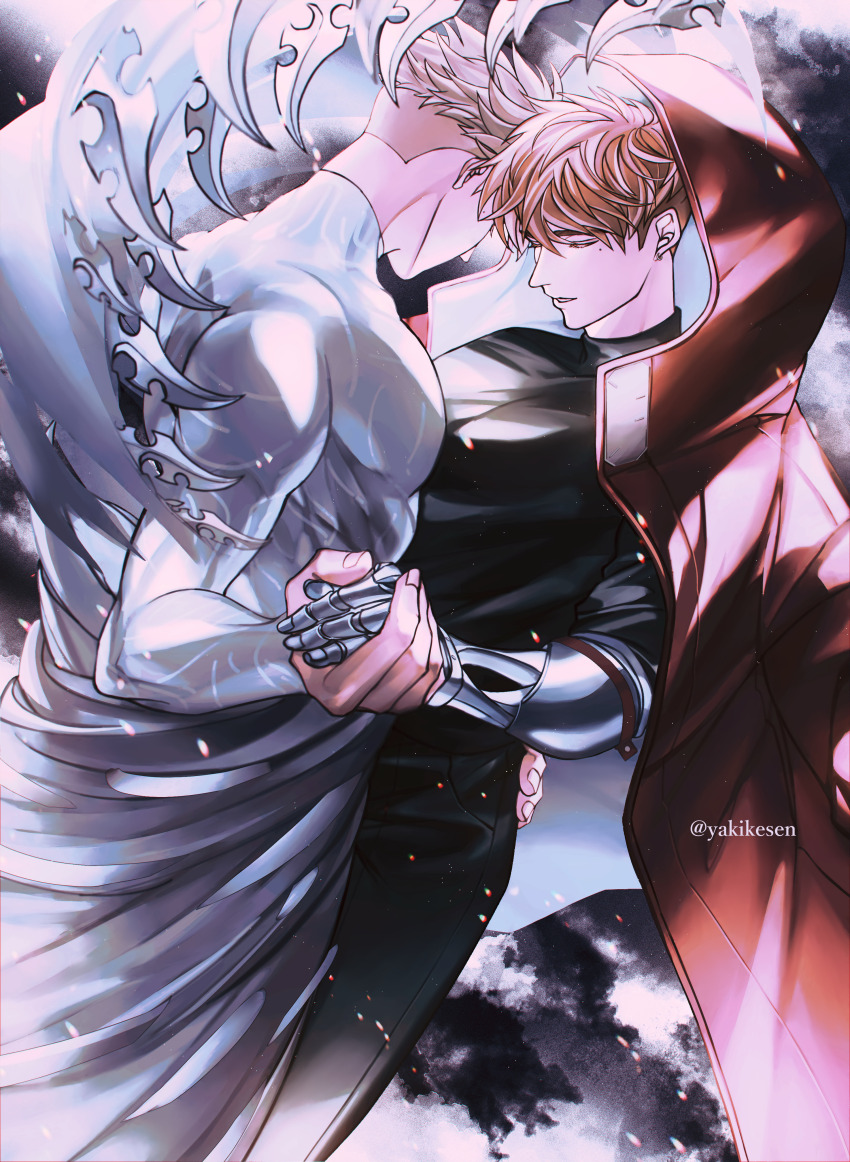 2boys absurdres black_pants black_shirt blade_wings brothers coat earrings hand_on_another&#039;s_waist highres holding_hands hood hood_up incest jewelry millions_knives mole mole_under_eye multiple_boys pants pectoral_press prosthesis prosthetic_arm red_coat shirt siblings trigun trigun_stampede vash_the_stampede yakikesen yaoi