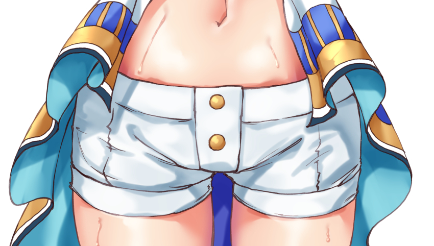 1girl asake_ameji commentary_request highres horse_girl jacket mejiro_mcqueen_(end_of_sky)_(umamusume) mejiro_mcqueen_(umamusume) multicolored_jacket navel navel_focus open_clothes open_jacket shorts simple_background solo sweat thighhighs umamusume white_background white_shorts zettai_ryouiki