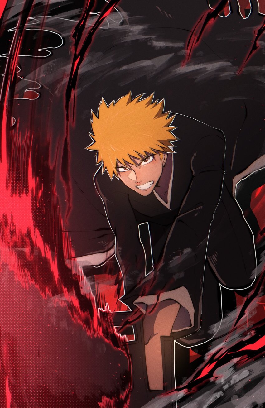 1boy bankai black_hakama black_jacket bleach brown_eyes clenched_teeth getsuga_tensho hair_between_eyes hakama highres holding holding_sword holding_weapon jacket japanese_clothes kurosaki_ichigo long_sleeves looking_at_viewer male_focus orange_hair solo sword teeth tensa_zangetsu_(bankai) thatamaan torn_clothes v-neck weapon zanpakutou