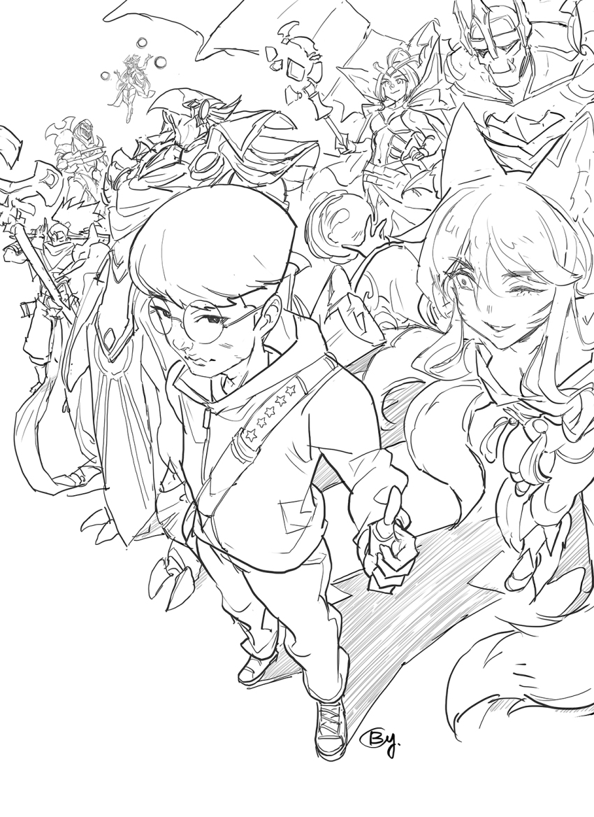 3girls 5boys animal_ears b.c.n.y. copyright_request esports faker_(gamer) greyscale highres holding holding_staff looking_at_viewer mage_staff monochrome multiple_boys multiple_girls real_life round_eyewear staff tail white_background wolf_ears wolf_girl wolf_tail