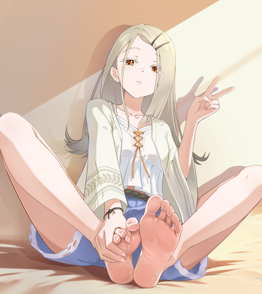 1girl barefoot blonde_hair feet gakuen_idolmaster highres idolmaster liang_mu long_hair looking_at_viewer parted_lips shinosawa_hiro soles toes v yellow_eyes