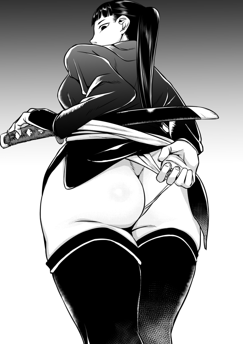 1girl adjusting_clothes adjusting_panties ass black_hair butt_crack cowboy_shot dungeon_meshi fundoshi gauntlets gradient_background greyscale hien highres holding holding_weapon japanese_clothes long_hair long_sleeves looking_at_viewer looking_back monochrome okome_(komehakumai) panties picking_wedgie ponytail solo sword thighhighs underwear wakizashi weapon wedgie white_background