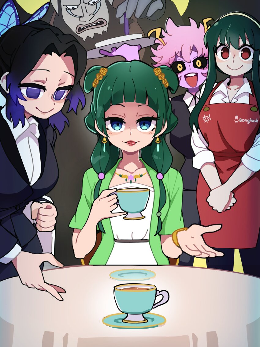 1boy 4girls absurdres artist_name ashido_mina black_hair black_jacket black_pants black_suit boku_no_hero_academia bongfill butler colored_skin crossover double_bun female_butler formal_clothes green_eyes green_hair group_picture hair_bun highres holding holding_tray horns jacket kimetsu_no_yaiba kochou_shinobu kusuriya_no_hitorigoto long_hair magellan maomao_(kusuriya_no_hitorigoto) missing_commentary multicolored_hair multiple_girls one_piece pants pink_hair pink_skin purple_eyes purple_hair shirt short_hair sitting spy_x_family streaked_hair suit tray white_shirt yellow_eyes yor_briar