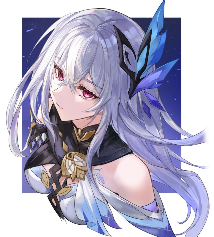 1girl bare_shoulders breasts butterfly_hair_ornament closed_mouth crossed_bangs detached_sleeves expressionless genshin_impact grey_hair hair_between_eyes hair_ornament highres kachi long_hair looking_at_viewer medium_breasts red_eyes simple_background skirk_(genshin_impact) solo upper_body