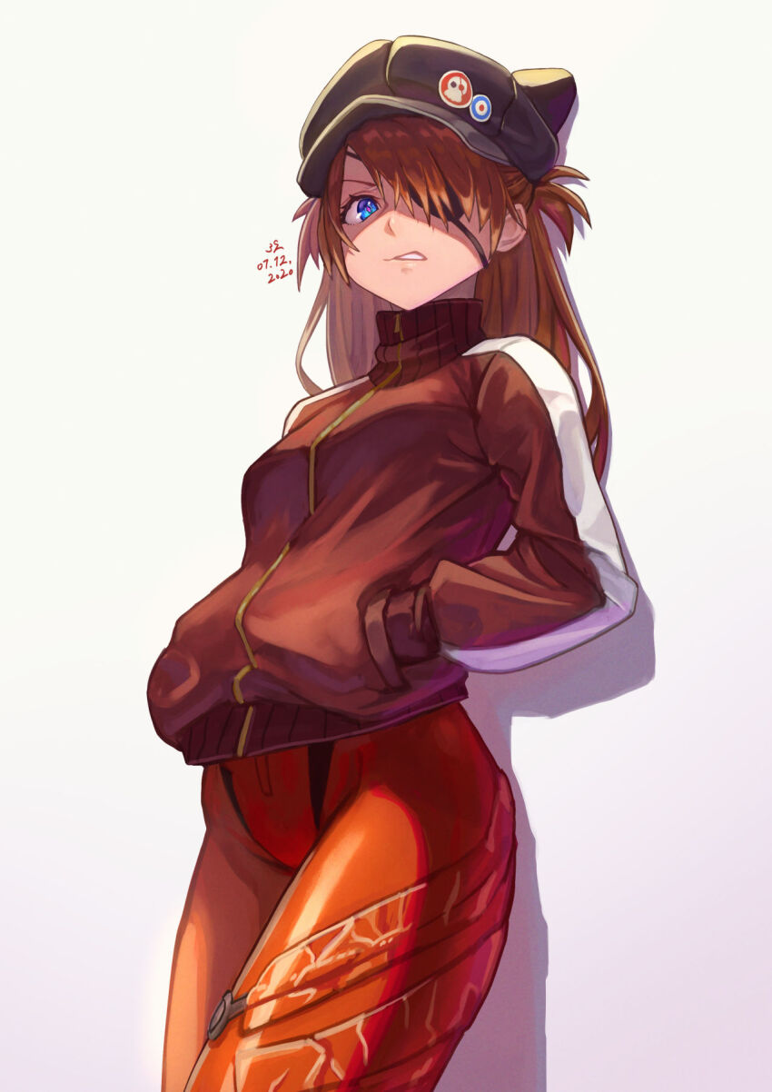 1girl against_wall animal_hat black_hat bodysuit breasts brown_hair clenched_teeth evangelion:_3.0_you_can_(not)_redo eyepatch hands_in_pockets hat highres jacket long_hair looking_at_viewer mecha_pilot_suit neon_genesis_evangelion plugsuit_(evangelion) rebuild_of_evangelion red_bodysuit red_jacket sakumichi simple_background small_breasts solo souryuu_asuka_langley teeth track_jacket turtleneck turtleneck_jacket v-shaped_eyebrows
