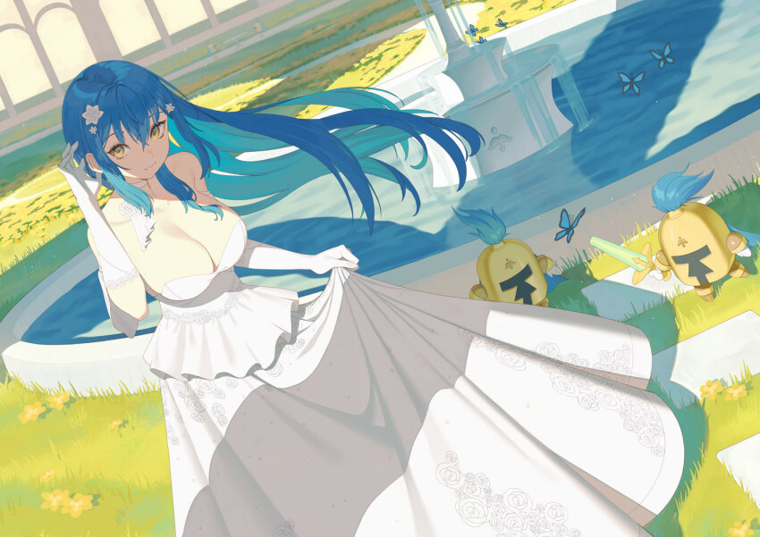 1girl :3 anniversary armor asymmetrical_sidelocks bare_shoulders blue_butterfly blue_hair breasts bug butterfly choker cleavage closed_mouth collarbone commentary commission creature crossed_bangs curled_fingers curtsey day detached_sleeves dot_nose double-parted_bangs dress dutch_angle elbow_gloves embroidered_dress english_commentary eyebrows_hidden_by_hair fantasy floating_hair floral_print flower flower_on_chest fountain frilled_gloves frills full_body garden gloves gold_armor gown grass hair_between_eyes hair_flower hair_ornament hand_in_own_hair hand_on_own_head hand_up helmet holding holding_sword holding_weapon indie_virtual_youtuber insect karassawa lace lace-trimmed_gloves lace_trim large_breasts layered_dress leaning_forward long_dress long_eyelashes long_hair long_sidelocks looking_at_viewer looking_to_the_side looking_up low_neckline merchandise_available namiji_freesia outdoors parted_hair pleated_dress ponytail raised_eyebrows rose shade shadow short_sleeves sidelocks skirt_hold sleeveless sleeveless_dress smile solo stone_walkway strapless strapless_dress sunlight sword thick_eyelashes very_long_hair virtual_youtuber water weapon wedding_dress white_choker white_dress white_flower white_gloves white_rose white_sleeves wide_sleeves yellow_eyes