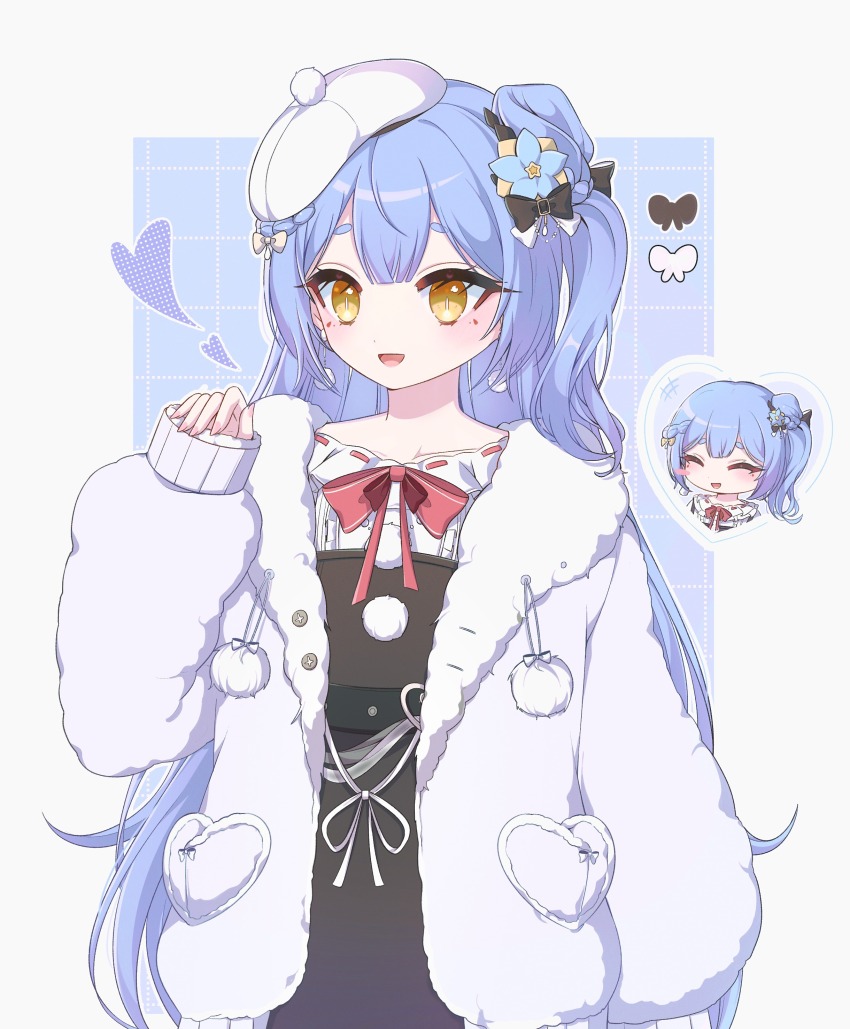 1girl absurdres azusa_(vtuber) virtuareal_link beret blue_hair chibi chibi_inset dress flower hair_flower hair_ornament hat heart highres jacket long_hair nijisanji onayano pink_ribbon ribbon side_ponytail solo teardrop_facial_mark virtual_youtuber virtuareal white_dress white_hat white_jacket yellow_eyes