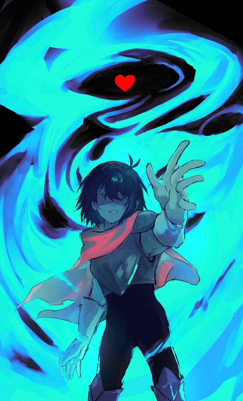 1other absurdres antenna_hair armor armored_boots armored_gloves black_bodysuit blue_background blue_fire blue_hair blue_skin bodysuit boots breastplate cape colored_skin commentary_request deltarune fire floating floating_object gloves glowing grey_gloves hair_over_one_eye hand_up heart highres kris_(dark_world)_(deltarune) kris_(deltarune) medium_hair one_eye_covered onyu_pu open_hand other_focus outstretched_hand parted_lips pink_cape reaching reaching_towards_viewer red_eyes shaded_face shoulder_armor solo yyu_pu