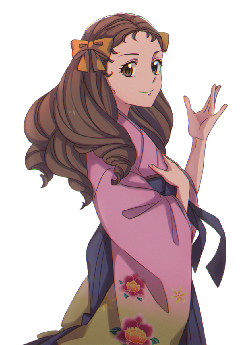 1girl bow brown_eyes brown_hair female_focus floral_print haikara-san_ga_tooru hair_bow hanamura_benio hand_up highres japanese_clothes kimono long_hair looking_at_viewer pink_kimono posha-art simple_background smile solo standing white_background wide_sleeves yellow_bow
