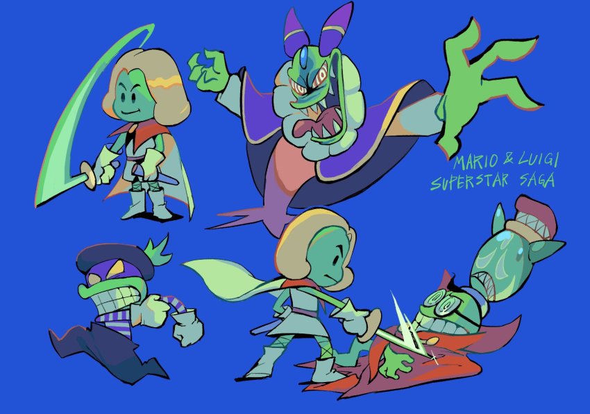 1girl 3boys beret black_eyes black_hair blonde_hair blue_background boots brooch cackletta cape clenched_teeth fawful forehead_jewel glasses gloves hat highres jewelry mario_&amp;_luigi:_superstar_saga mario_&amp;_luigi_rpg mario_(series) mask multiple_boys multiple_views nintendo popple prince_peasley rapier rinabe_(@rfufvas3phbxkxa) sharp_teeth sheath shirt spiral striped_clothes striped_shirt sword teeth tongue tongue_out weapon witch yellow_eyes