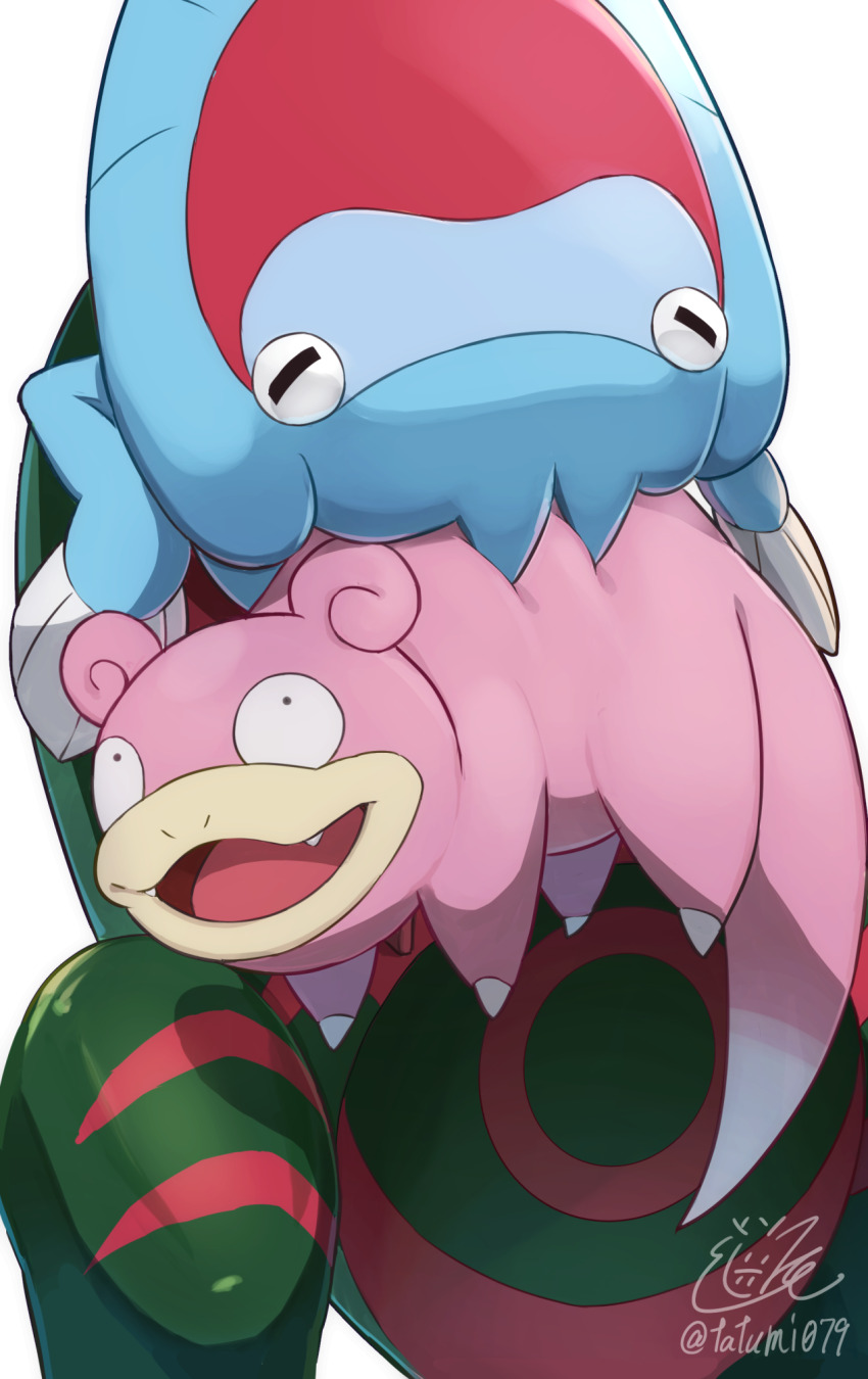 dracovish fangs fins gen_1_pokemon gen_8_pokemon highres looking_up mouth_hold nintendo no_humans open_mouth pokemon pokemon_(creature) slowpoke smile tatsumi_(panneko) twitter_username white_background