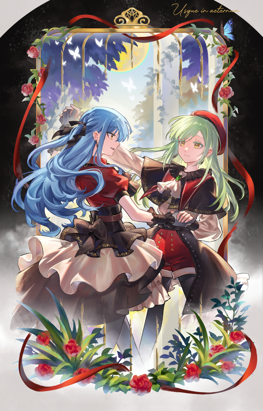 2girls absurdres arm_up ascot back_bow bang_dream! bang_dream!_it&#039;s_mygo!!!!! belt beret black_background black_bow black_capelet black_corset black_overskirt black_pantyhose black_ribbon black_skirt black_sleeve_cuffs black_wrist_cuffs blue_butterfly blue_hair border bow brown_belt bug butterfly buttons cage capelet chinese_commentary colored_eyelashes commentary_request corset cropped_legs dancing earrings eye_contact face-to-face fading_border floating_hair flower foliage frilled_corset frilled_wrist_cuffs frills full_moon gloves gold_trim green_brooch green_hair grey_gloves hair_ribbon hat highres holding_hands insect interlocked_fingers jewelry latin_text layered_skirt legs_apart long_hair long_sleeves looking_at_another moon mortis_(bang_dream!) mortis_(costume)_(bang_dream!) multiple_girls neck_ruff oblivionis_(bang_dream!) open_mouth outstretched_arm pantyhose pantyhose_under_shorts parted_bangs pillar plant puffy_long_sleeves puffy_short_sleeves puffy_sleeves red_capelet red_flower red_hat red_ribbon red_rose red_shorts ribbon rose second-party_source short_sleeves shorts sideways_mouth skirt smile tanco_sae teeth togawa_sakiko two-tone_background upper_teeth_only very_long_hair vines wakaba_mutsumi white_ascot white_background white_butterfly white_petticoat white_skirt wrist_cuffs yellow_eyes yuri
